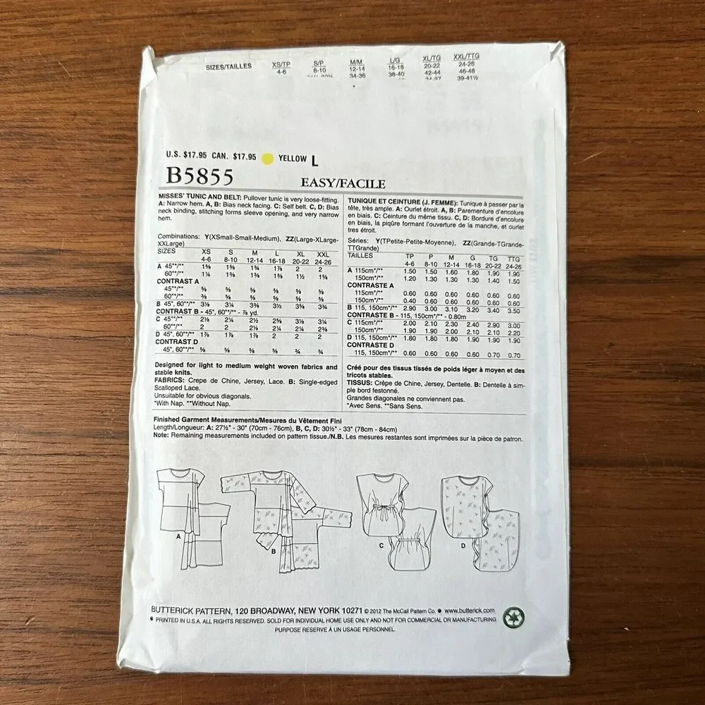UNCUT Sewing Butterick 5855 Tunic Patterns Size XS, S, M